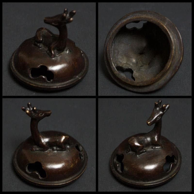 明治期 古銅製 了谷造 金工細工『鳳凰文』香炉 鹿摘 透かし蓋 三足香炉