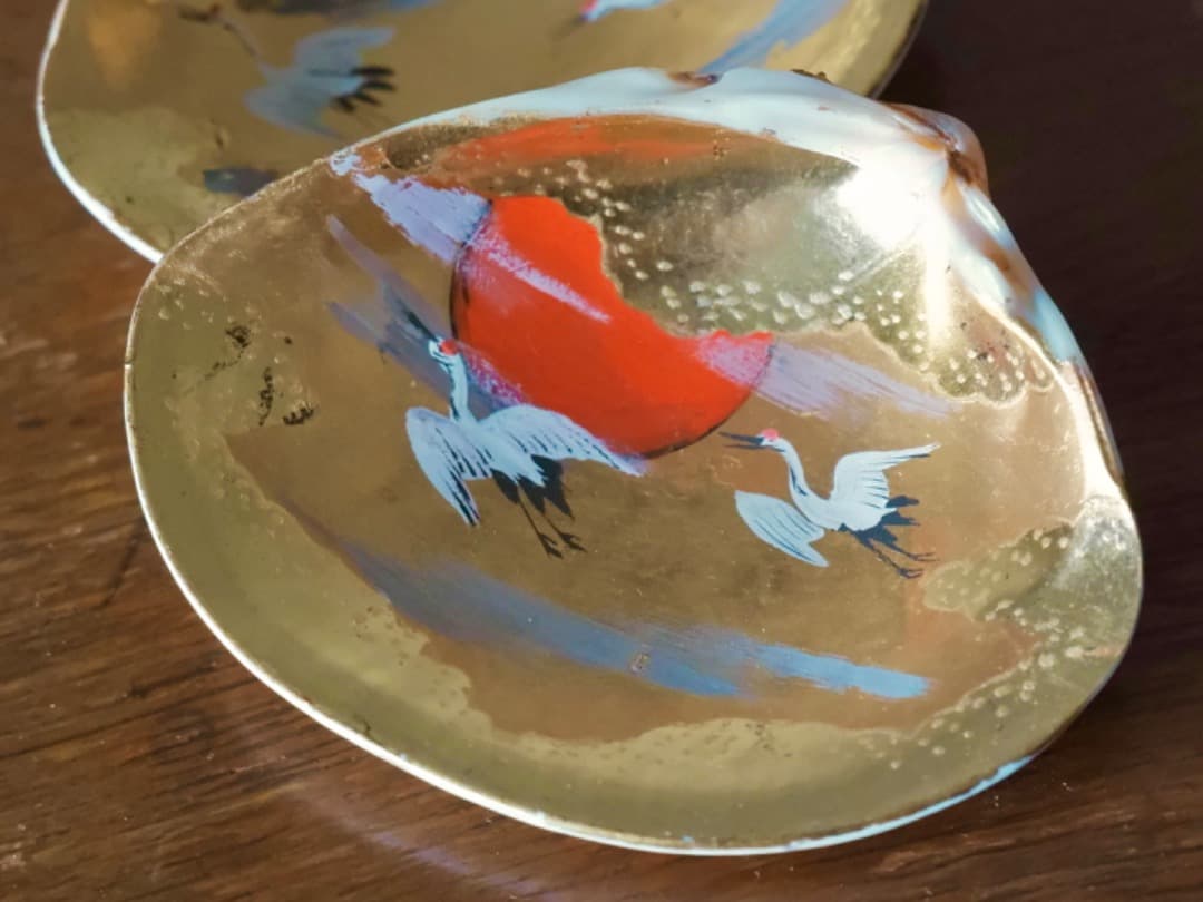 加陽　一瓢斎　源氏貝合せ　鶴色絵　蛤香合　茶道具　香道具　箱付　Q2257