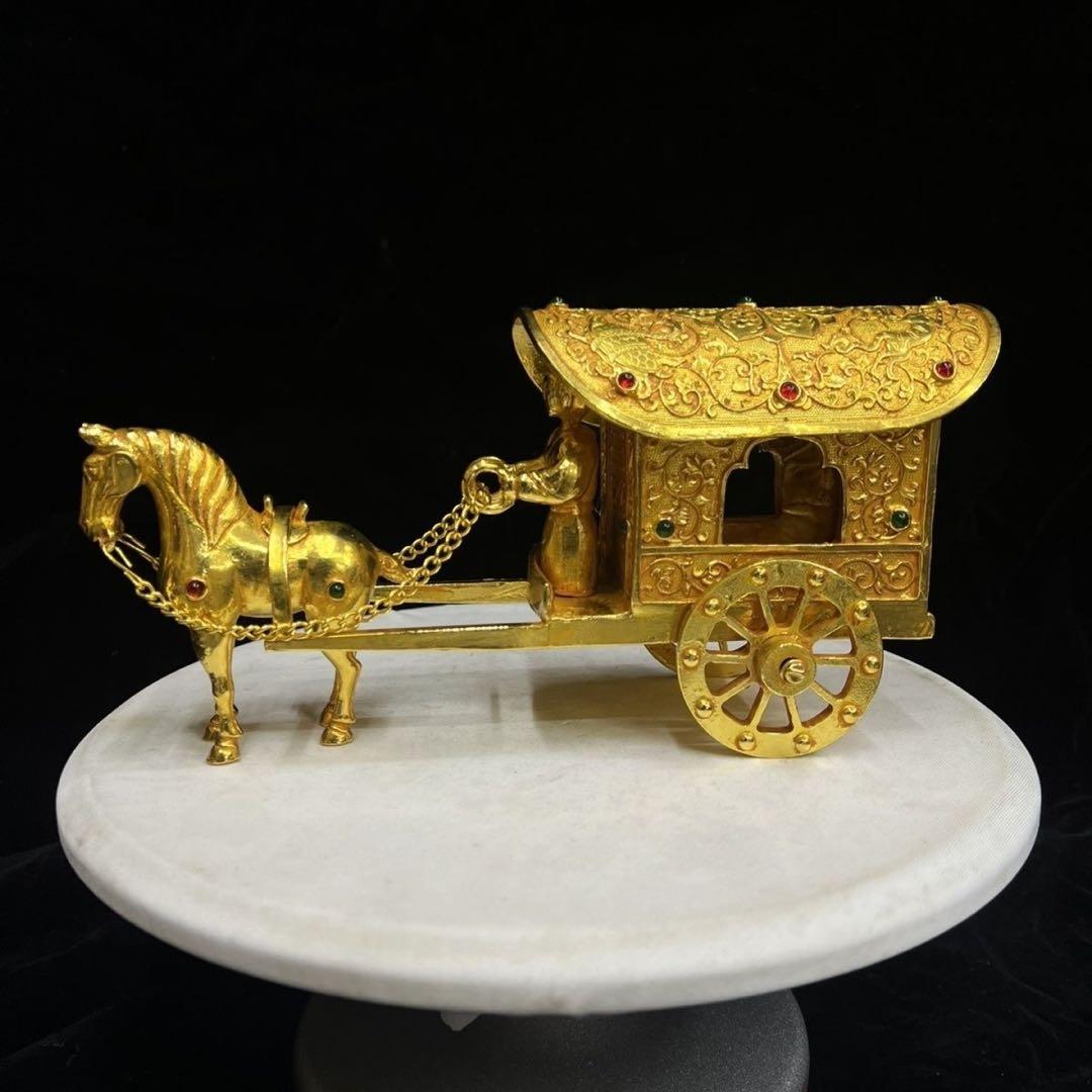 中国美術品　極細工　塗金宝石嵌黄金馬車　骨董　珍蔵品
