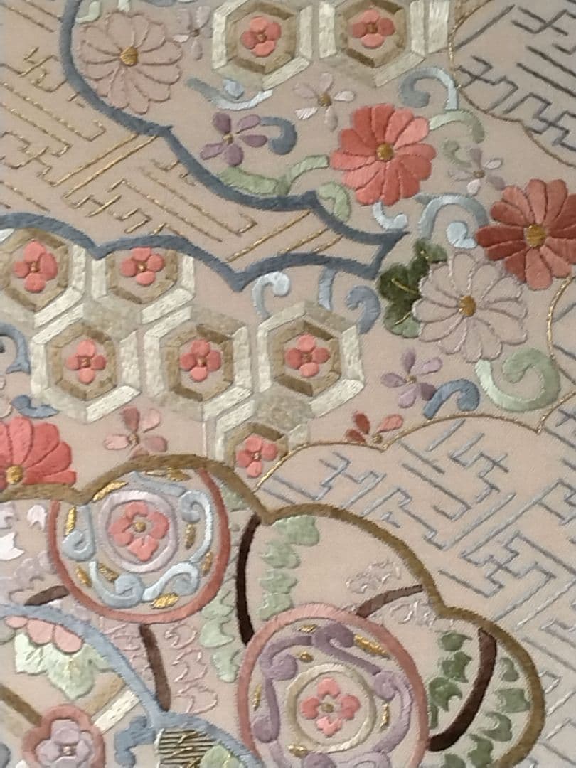 花柄刺繍 袋帯 ベージュ系