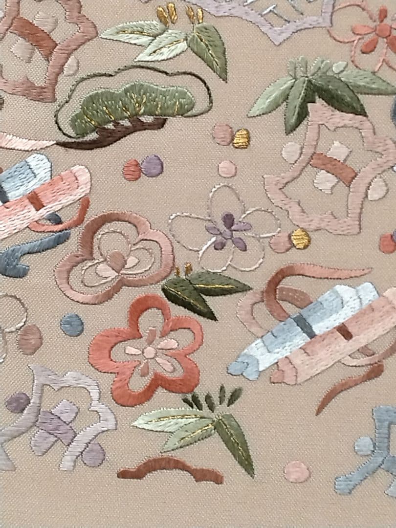 花柄刺繍 袋帯 ベージュ系