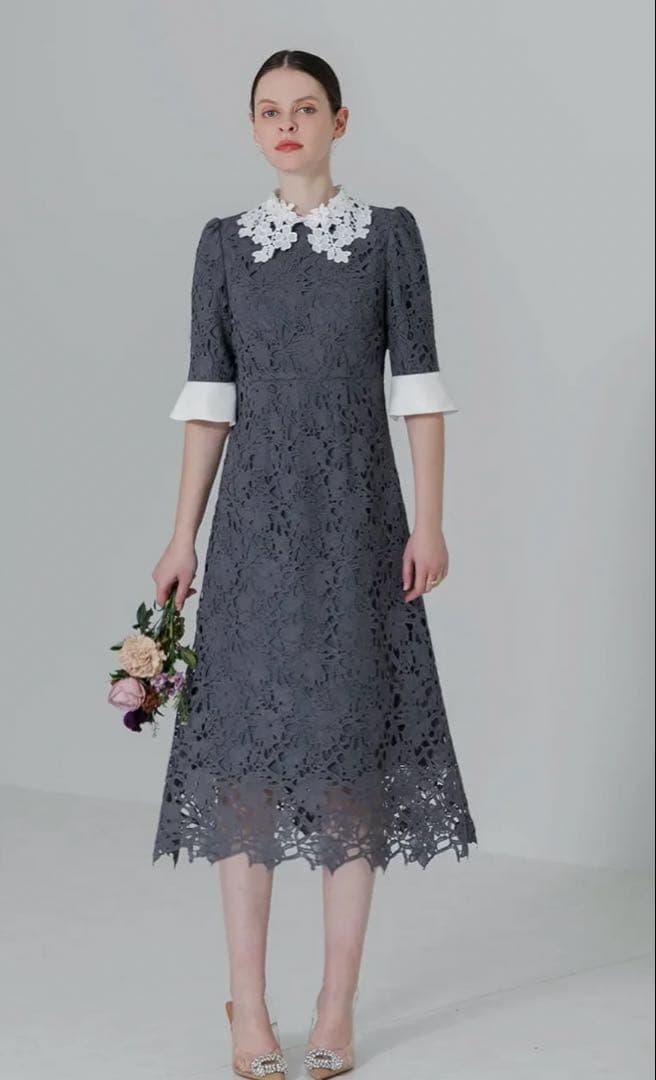 LEJA 花柄レースカラースパンコールAラインワンピースドレス