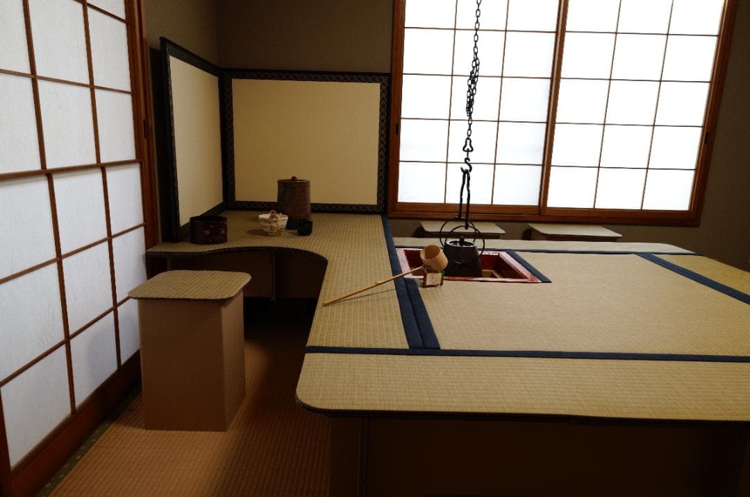 組み立て式 立礼棚（有圓卓）段ボールタイプ　炉/風炉畳2種付属、茶会イベント等に