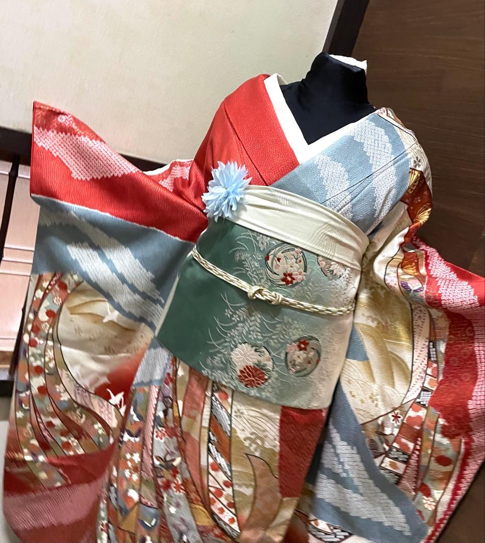 振袖 フルセット6点サイズM〜Ｌ絞り　熨斗吉祥花鳥蝶文　金銀彩　正絹