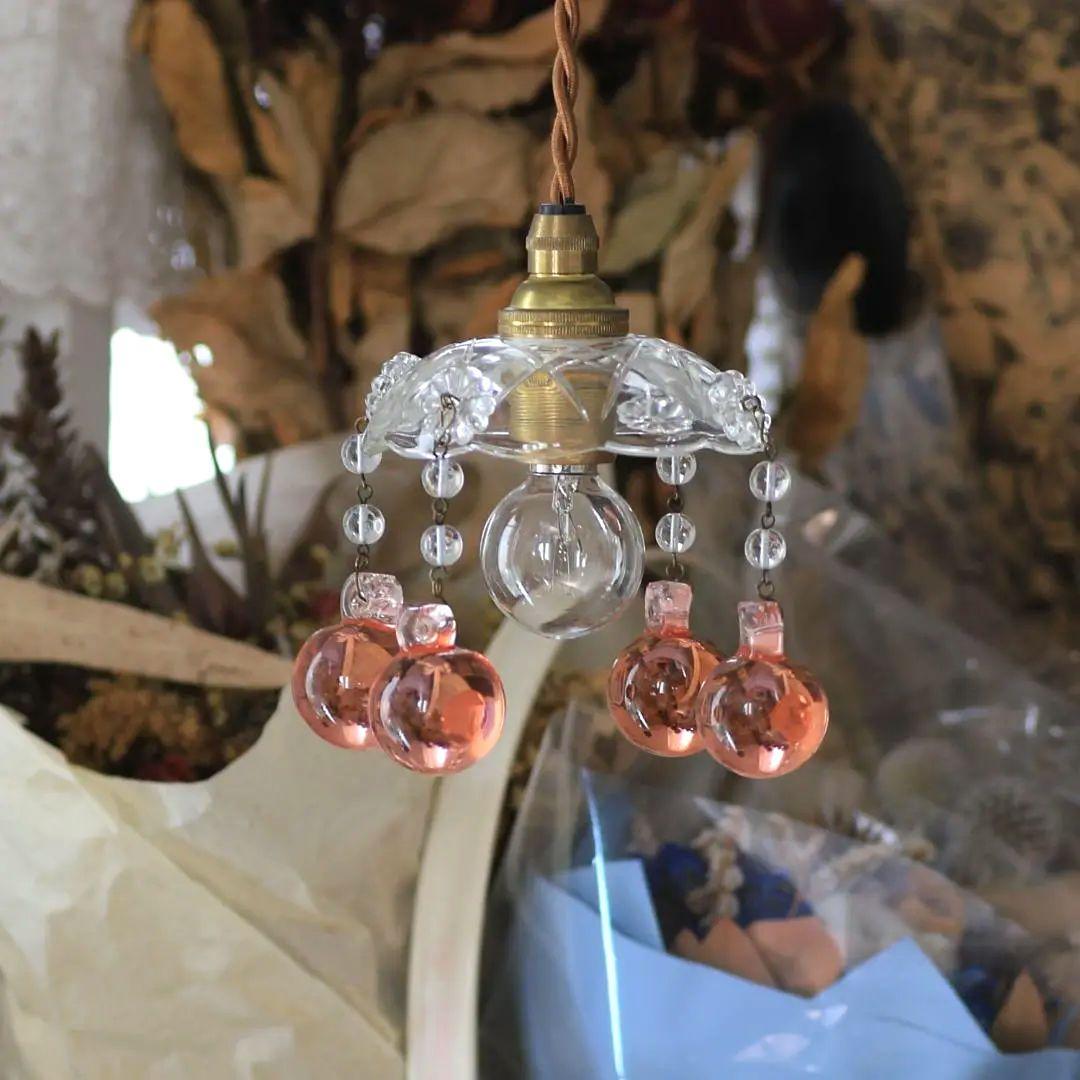 フランスアンティーク ピンク大粒ガラスドロップ ミニシャンデリアシェード