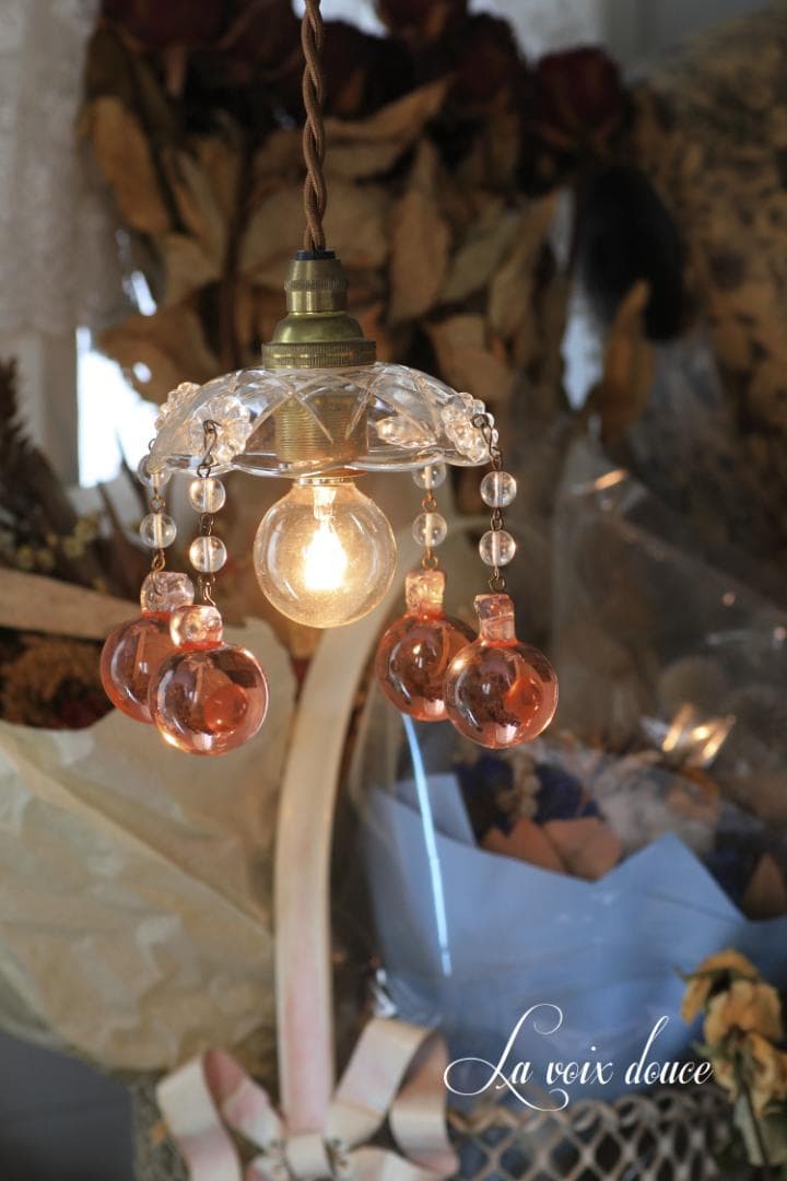 フランスアンティーク ピンク大粒ガラスドロップ ミニシャンデリアシェード