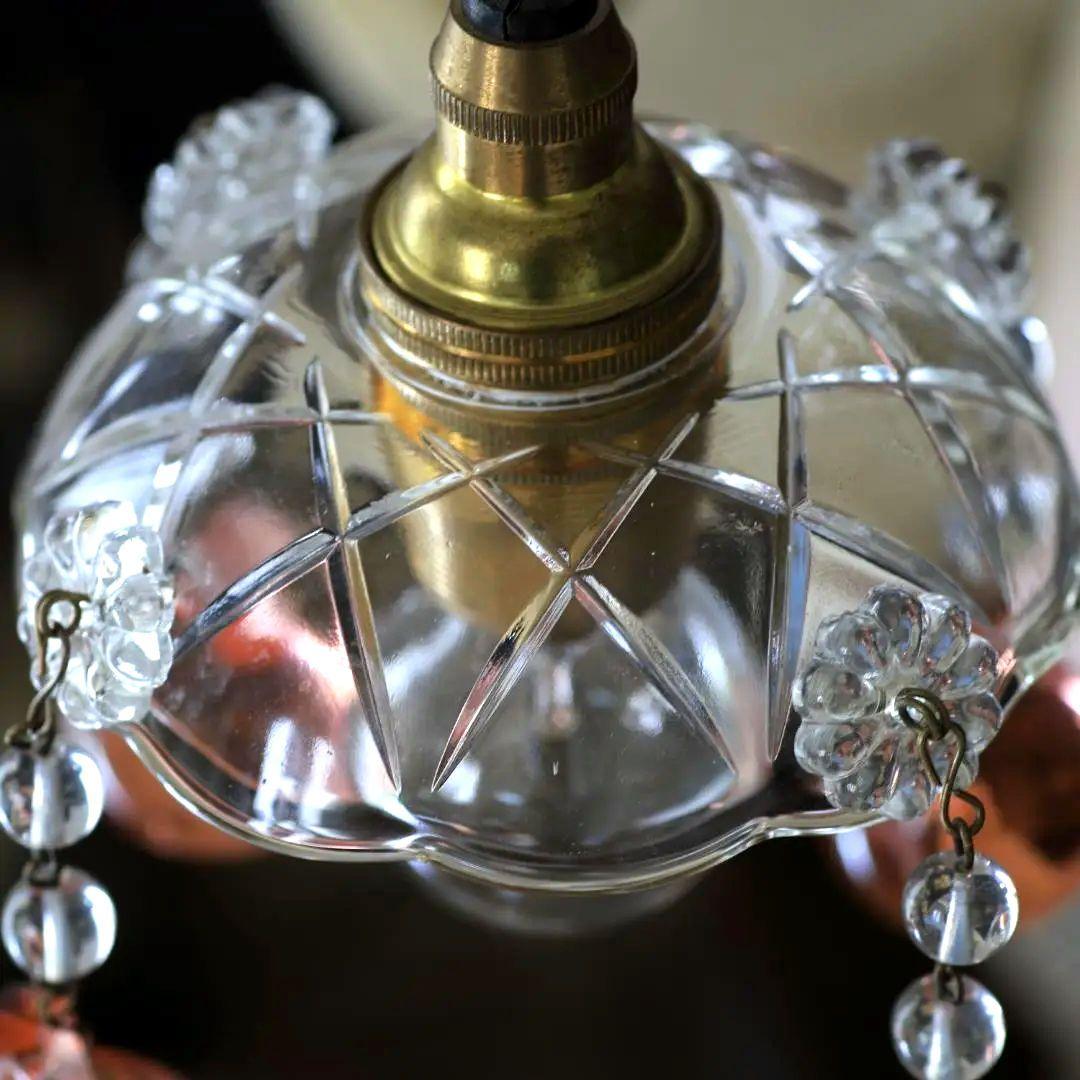 フランスアンティーク ピンク大粒ガラスドロップ ミニシャンデリアシェード