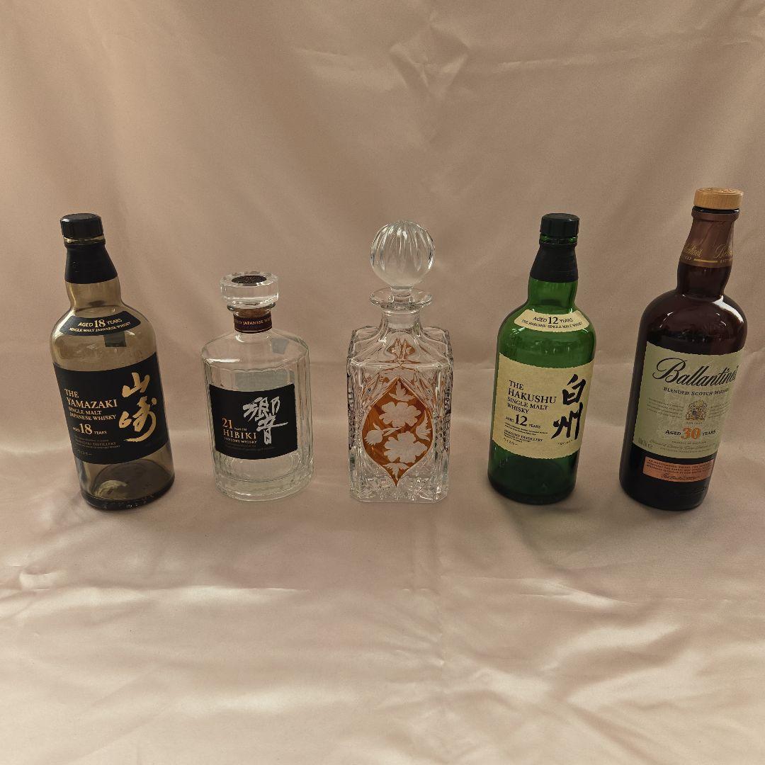 ウイスキーの空瓶空箱 セット ボヘミアンクリスタルデキャンタ付き