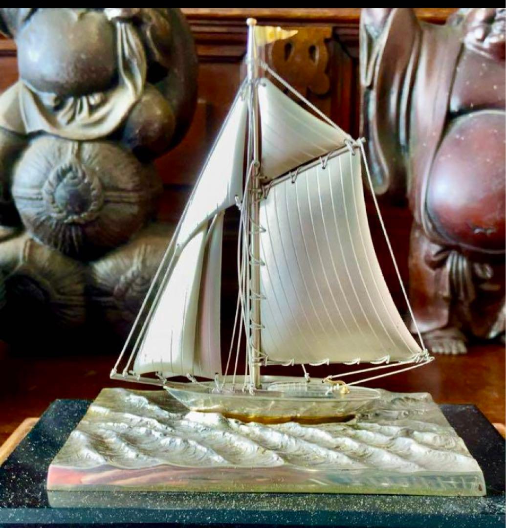 美品★銀細工 関武比古 銀製 帆船 ヨット 置物 飾物 ガラスケース