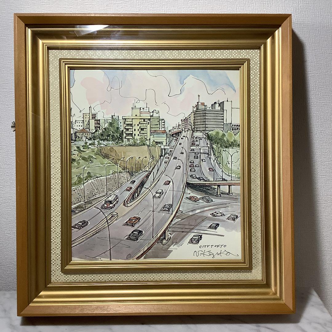 値下げ　水彩画　「Tokyo City 」N.Kizuka  額装
