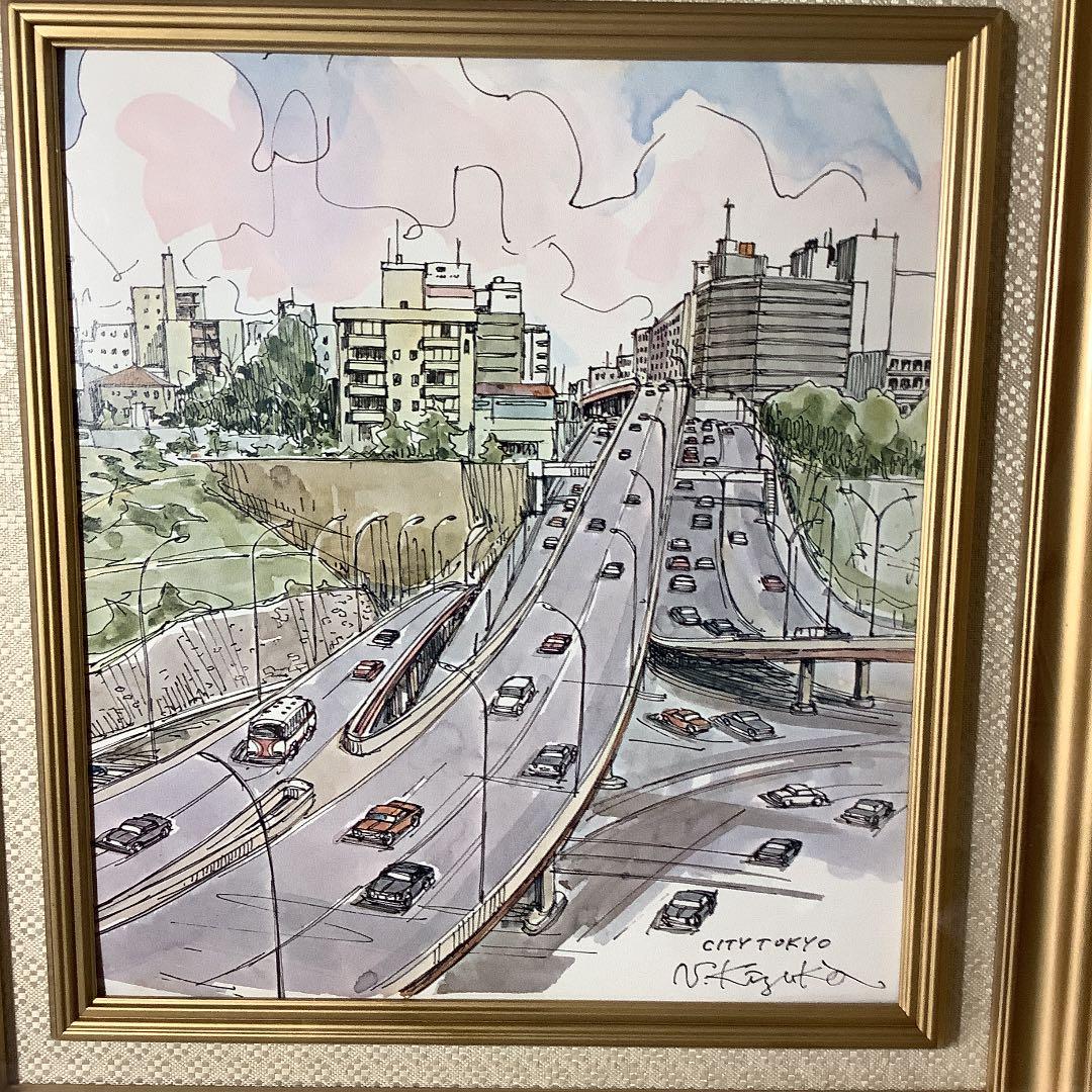 値下げ　水彩画　「Tokyo City 」N.Kizuka  額装