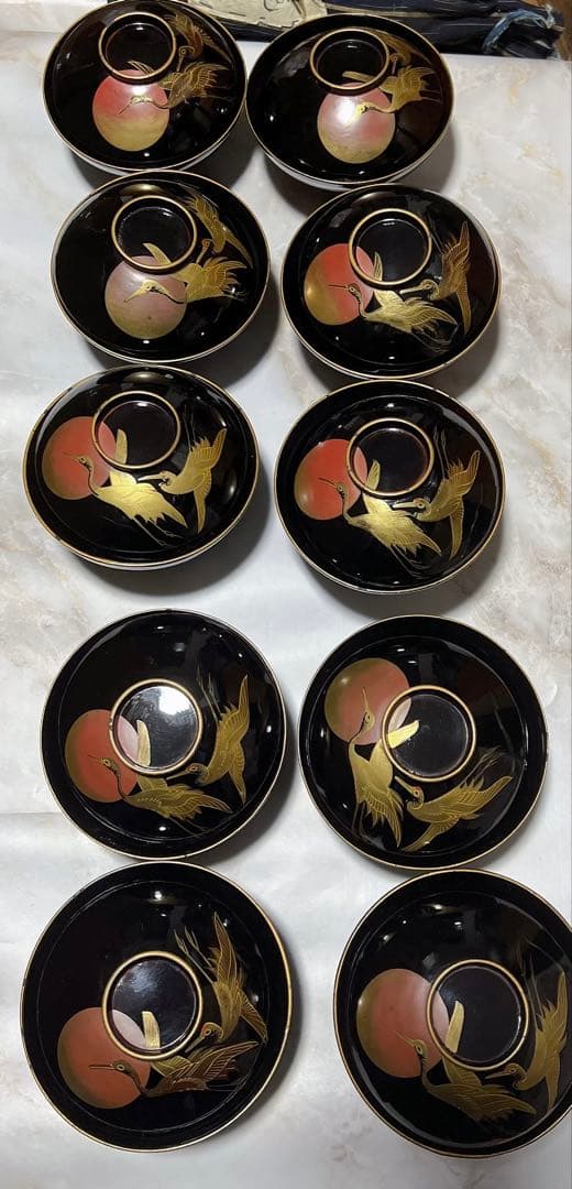 アンティーク　明治時代 鶴　金蒔絵　細工 漆器 吸物　吸物椀 蒔絵　希少　10客