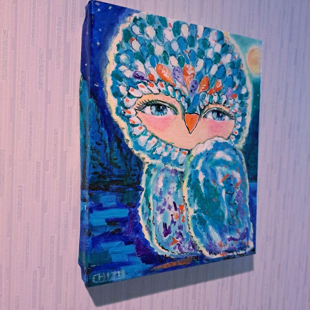 キャンバス油絵　専用　世界のカラフルなふくろう　とっても明るい月夜