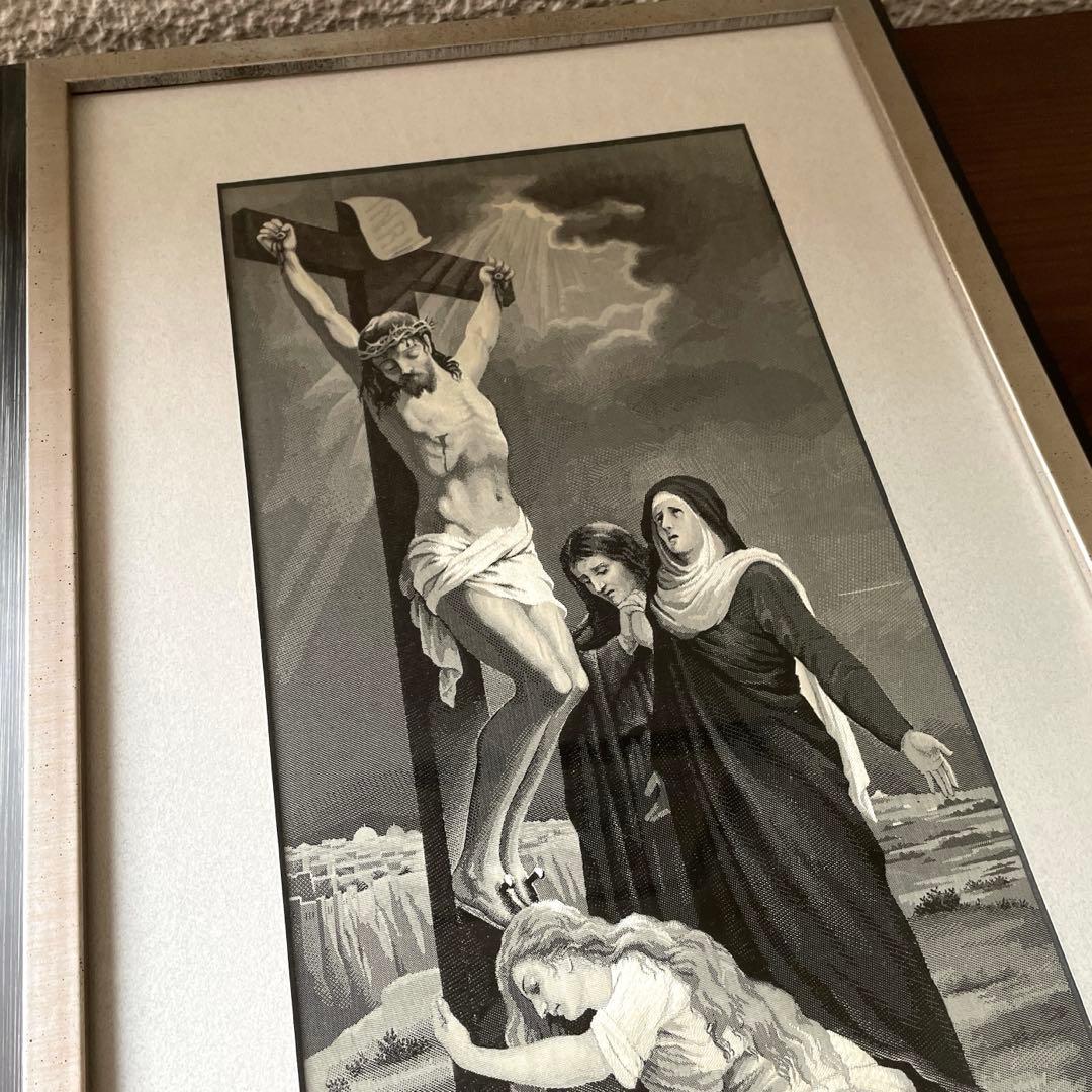 ヴィンテージ キリストの磔刑 モノクロリトグラフ アートフレーム