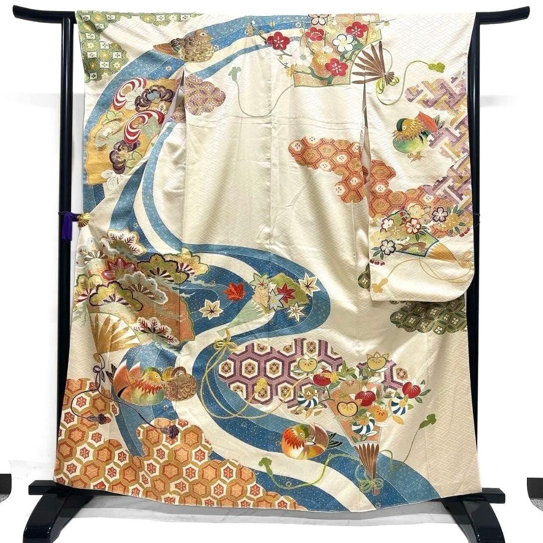 大彦謹製 セミアンティーク 金駒刺繍　刺繍　鴛鴦　振袖　着物 013a p