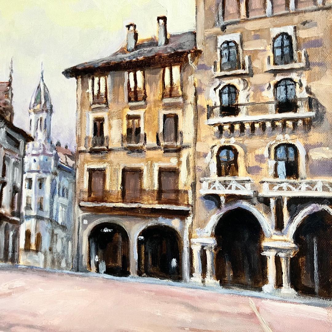 ヨーロッパの街角-F10 油彩 キャンバス 額装　作者不明・希少