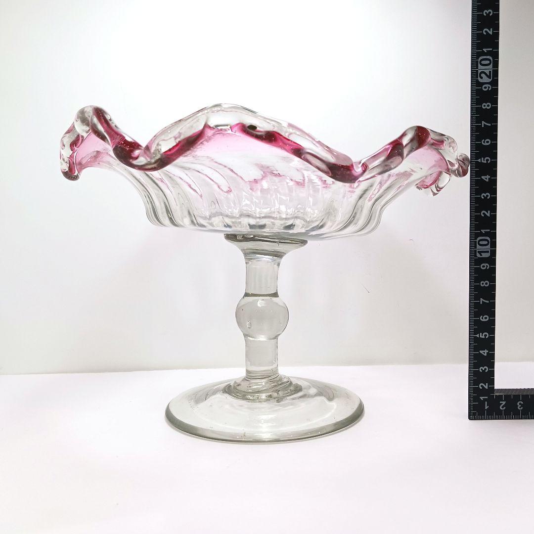 Y2680-1 時代レトロ 赤縁ガラス 大型コンポート 皿 サイン入り #6