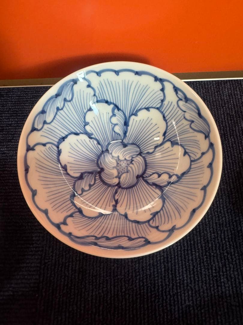 1968 三川内焼　嘉久正窯　手描き　牡丹　輪花小鉢　5客　未使用
