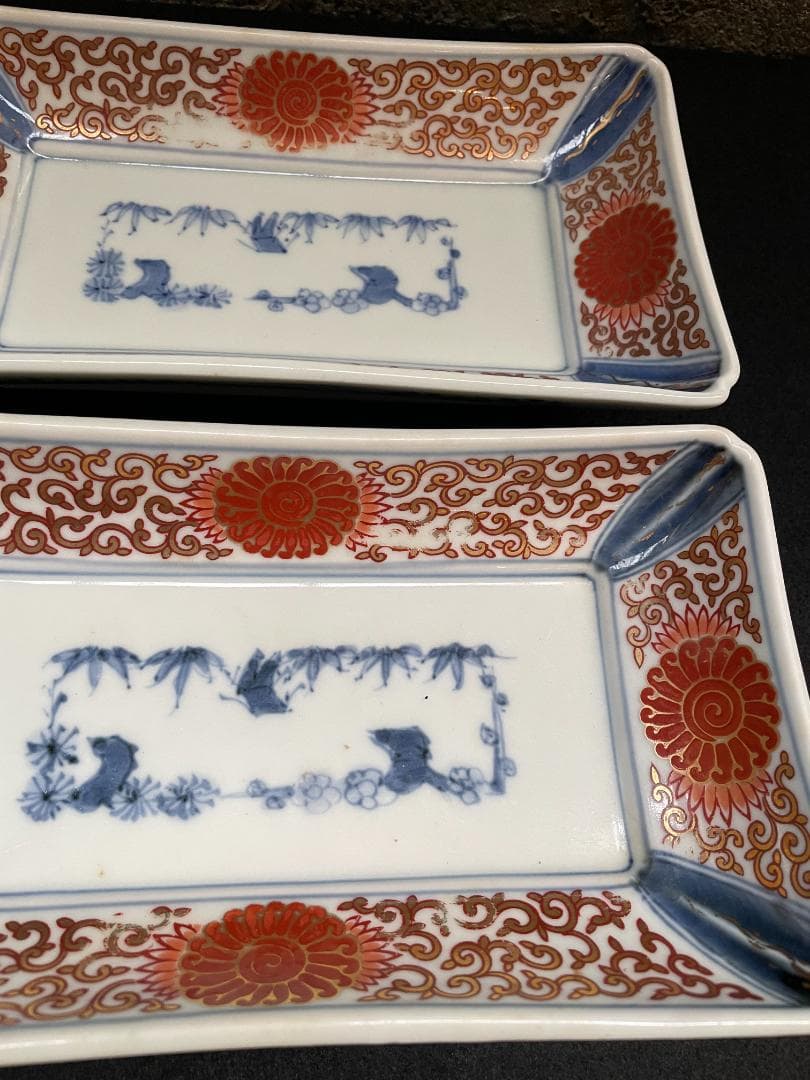 テ*モ様 江戸期 富貴長春 古伊万里 染付 金彩 色絵 骨董 長皿 蛸唐草紋 美