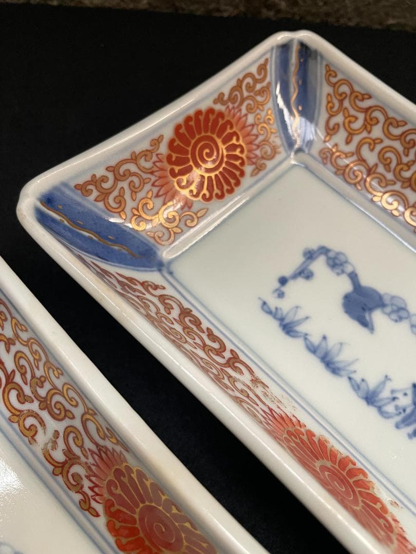 テ*モ様 江戸期 富貴長春 古伊万里 染付 金彩 色絵 骨董 長皿 蛸唐草紋 美