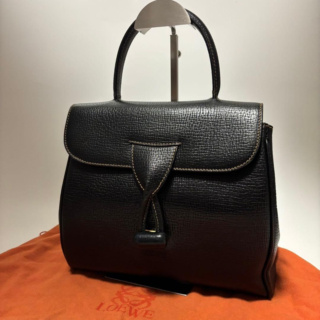 専用ロエベ レザー ハンドバッグ ターンロック ロゴ型押し 黒