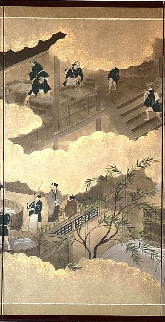 四つ折り屏風　日本画　和紙に金粉彩色　酒造り