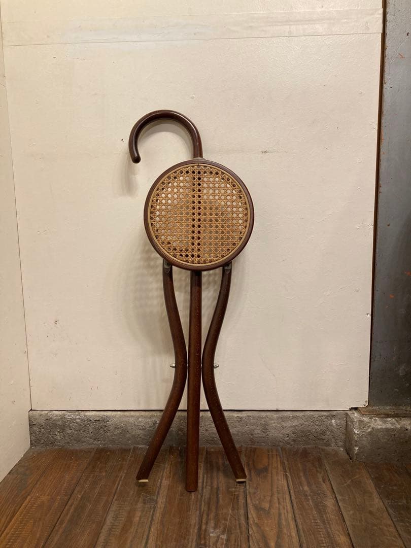 希少 秋田木工 折り畳み ステッキチェア 曲木椅子 籐張 ヴィンテージ 古道具