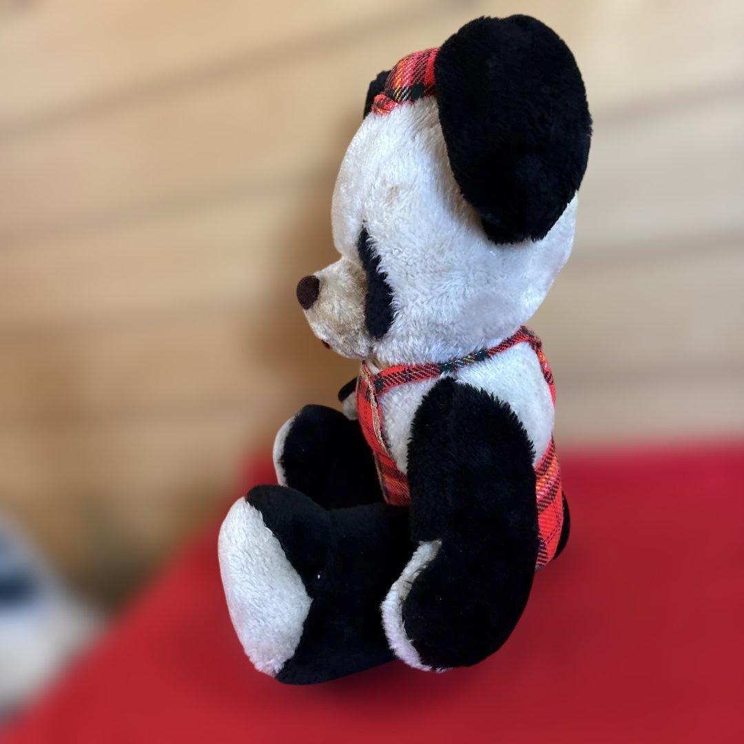 昭和レトロ　パンダぬいぐるみ 赤チェックオーバーオール
