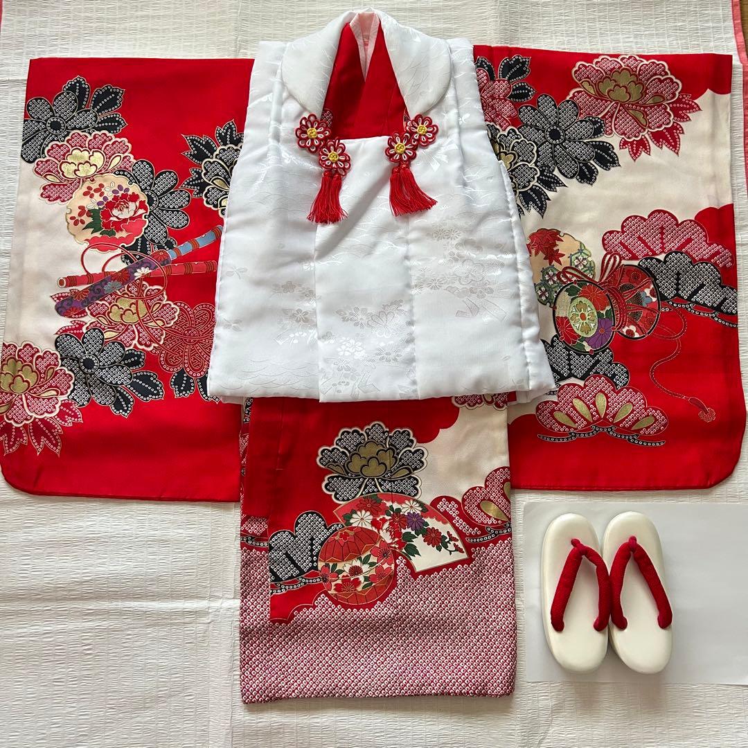 七五三 3歳 着物 753 絹 絞り柄 被布 三歳 赤 草履 金彩 女の子着物