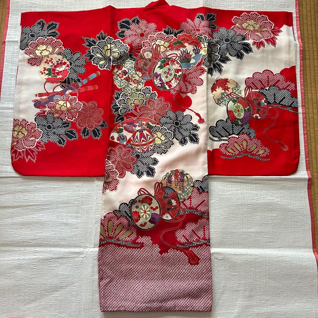 七五三 3歳 着物 753 絹 絞り柄 被布 三歳 赤 草履 金彩 女の子着物