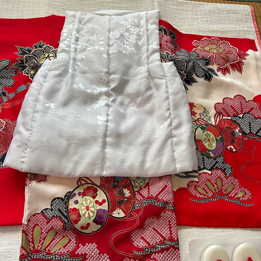 七五三 3歳 着物 753 絹 絞り柄 被布 三歳 赤 草履 金彩 女の子着物