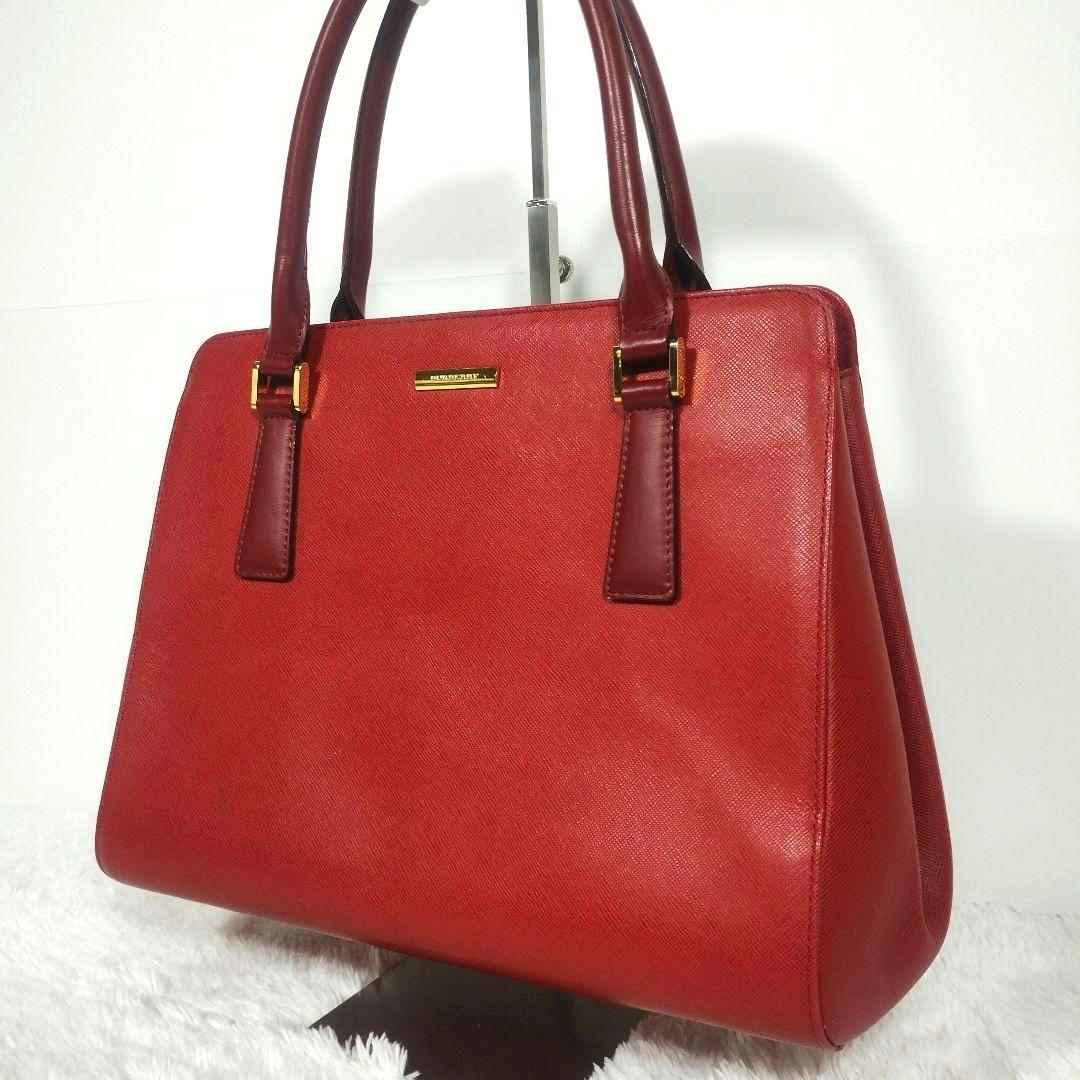 BURBERRY レザー ハンドバッグ メタルロゴ 赤 ノバチェック A4可