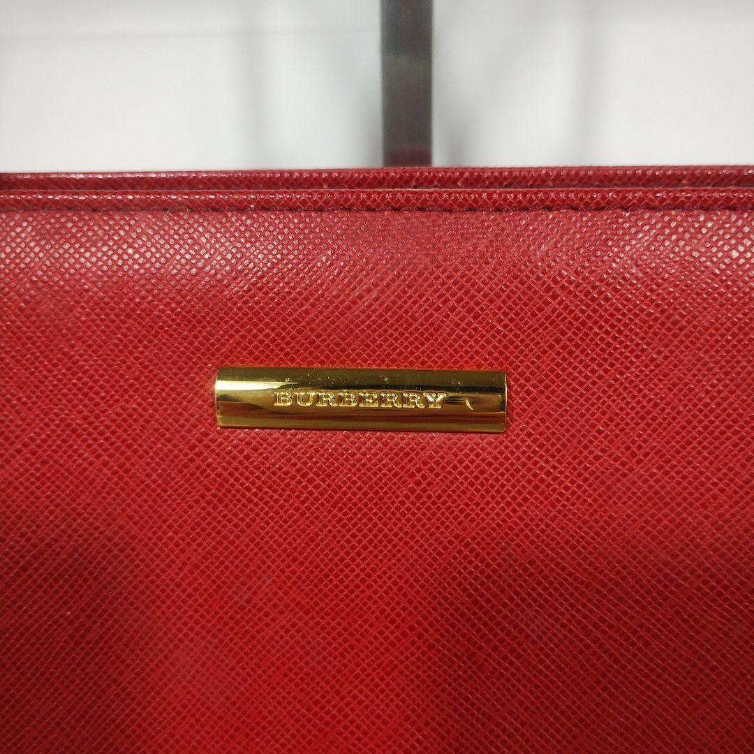 BURBERRY レザー ハンドバッグ メタルロゴ 赤 ノバチェック A4可