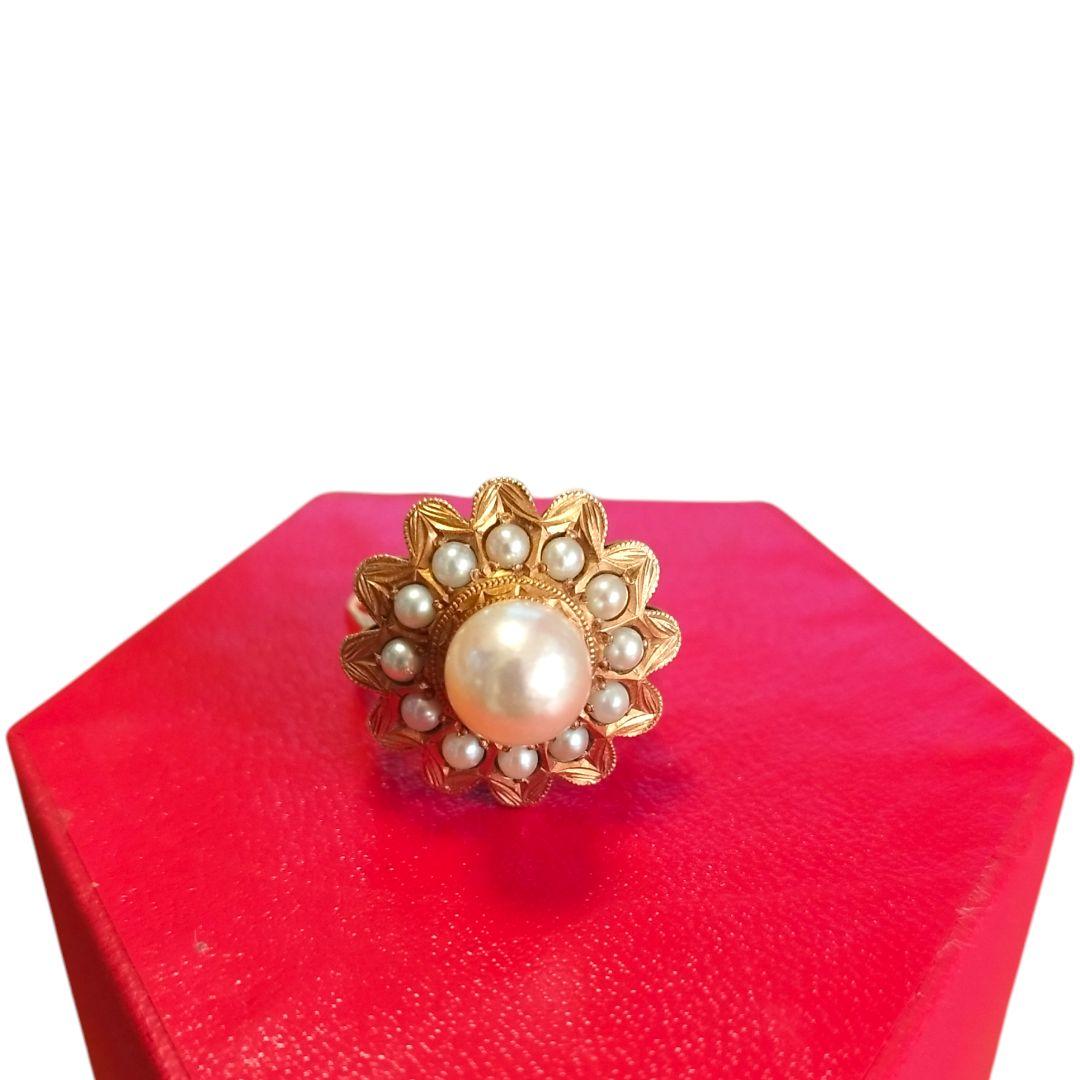 K18 パールリング 5g ゴールド 真珠 花モチーフ アンティーク調 指輪