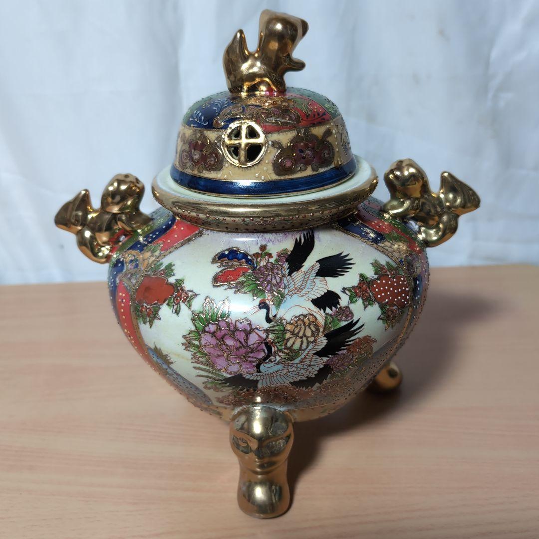 陶器製 香炉 鶴と花のデザイン