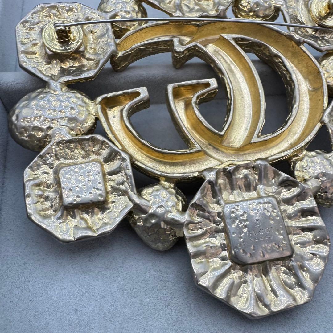 【ヴィンテージ】GUCCI ブローチ　カラーストーン　GG ゴールド　大きめ