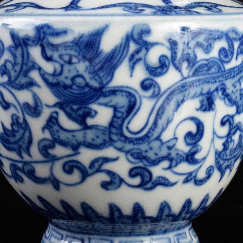 中国　景徳鎮製　青花　龍花文　双耳瓶　一對　D　R5075