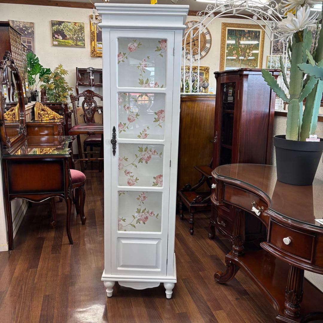 ホワイト 木製 スリムキャビネット アウトレット特価品 1ドアガラスキャビネット