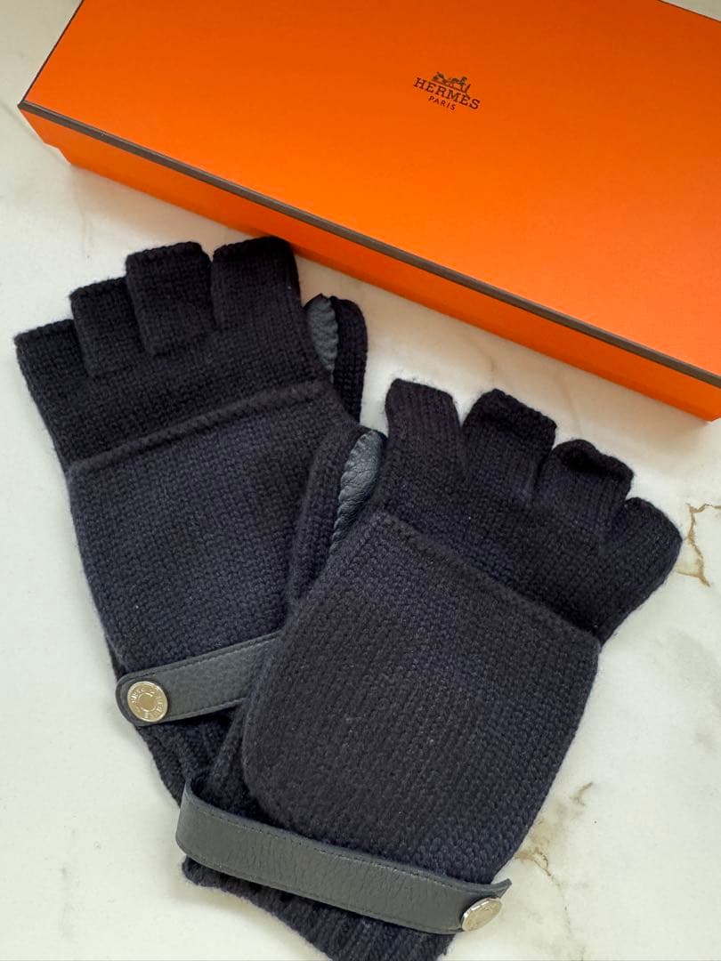 HERMES ダークネイビー 指なしグローブ カシミア×レザーLsize箱付