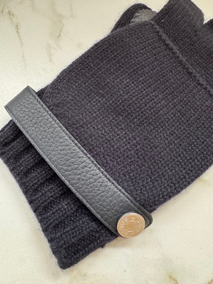 HERMES ダークネイビー 指なしグローブ カシミア×レザーLsize箱付