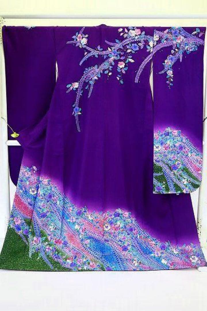 紫色 花柄 振袖 着物　辻ヶ花