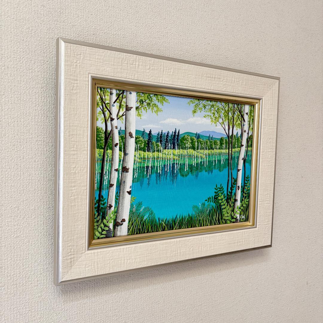 アクリル画　原画　「美瑛・青い池07」額縁付き　F4サイズ　風景画