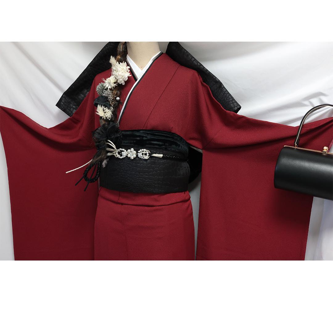 s◆ 振袖5点セット ◆赤系 丈165cm無地正絹帯新品帯締め MI81