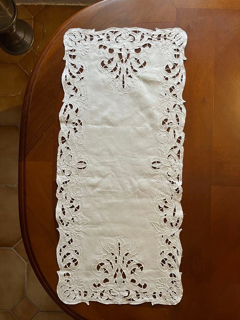 ◆フランスアンティーク｜希少・未使用の手刺繍センタークロス、レース長方形、ロング