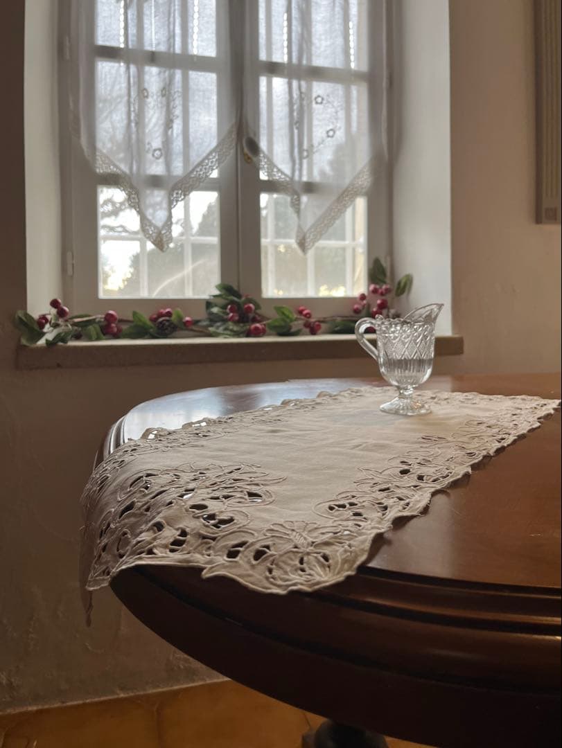 ◆フランスアンティーク｜希少・未使用の手刺繍センタークロス、レース長方形、ロング