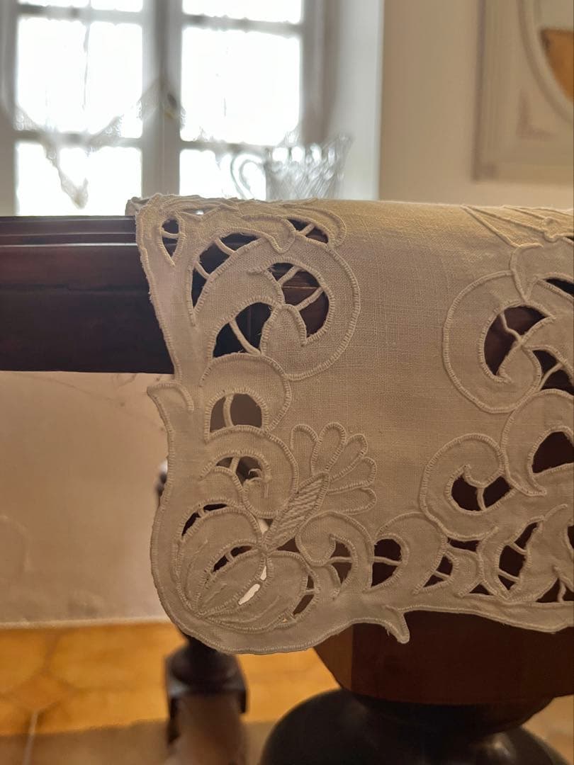 ◆フランスアンティーク｜希少・未使用の手刺繍センタークロス、レース長方形、ロング
