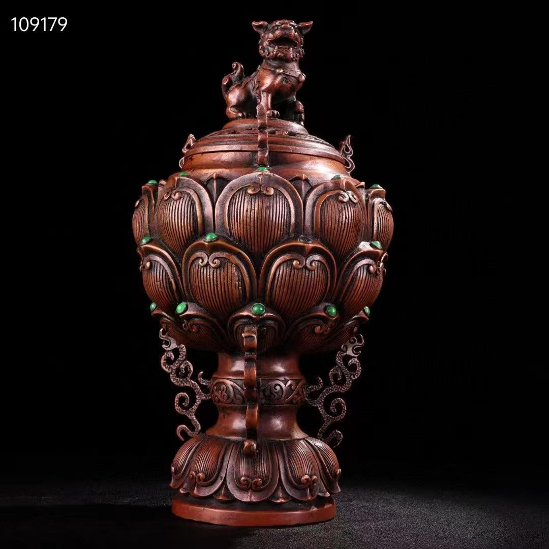 中国古美術・全銅・純手作り、宝石をはめ込み・獅子蓋香爐・熏香爐・置物・文房具