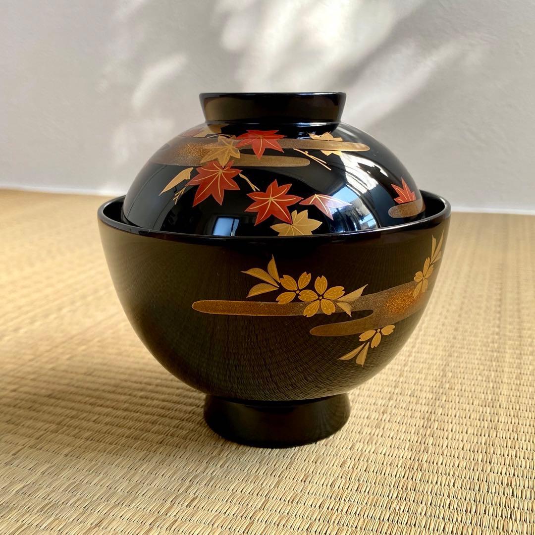 未使用 輪島塗 慶塚作【霞春秋蒔絵 蓋付吸物椀5客】天然木 漆塗 金蒔絵 共箱