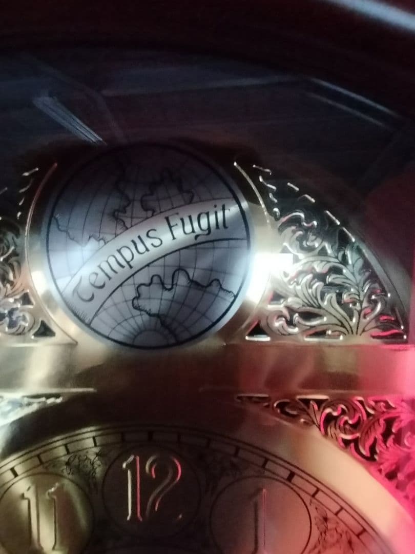 装飾的な文字盤と振り子を持つダークウッドの柱時計