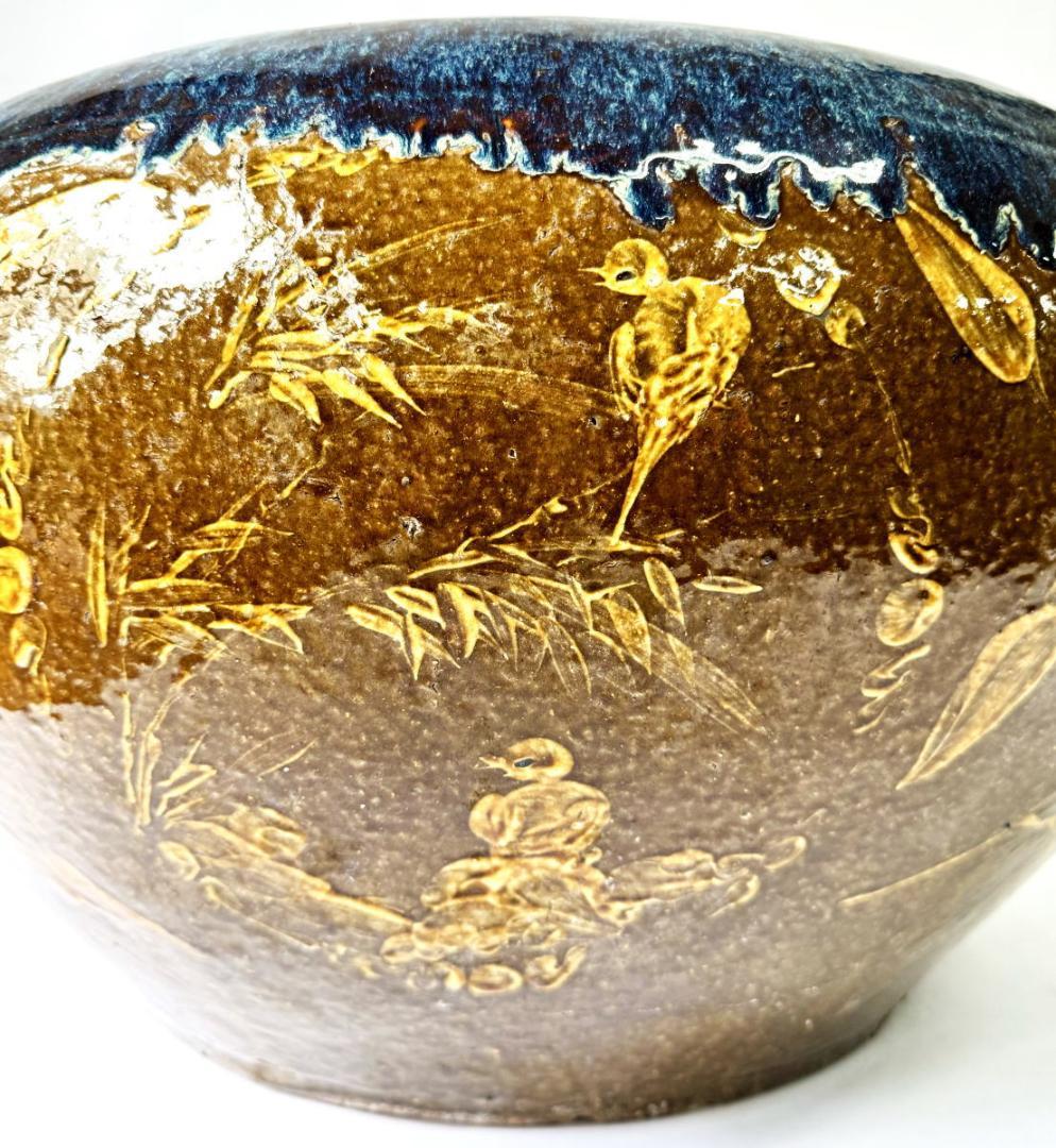 清時代 乾隆・嘉慶年間葛明祥造特注品 海鼠釉黄釉花鳥文火鉢 特大WWTT152